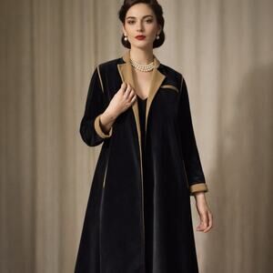 Vintage Velvet Opera Coat Black Tan Trim Long Evening Hostess Coat Small